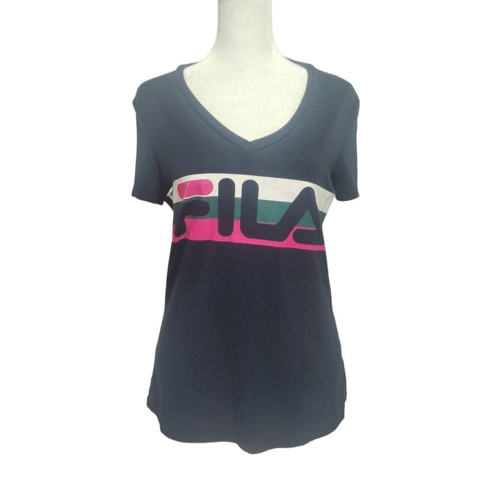 Fila Sport T-Shirt V Neck Navy Blue Logo Tee Sz S  Pink Green
